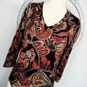 Chico's Womens Rayon Spandex Tee Paisley Multi 3/4 Sleeve V-Neck Stretch 1 Small